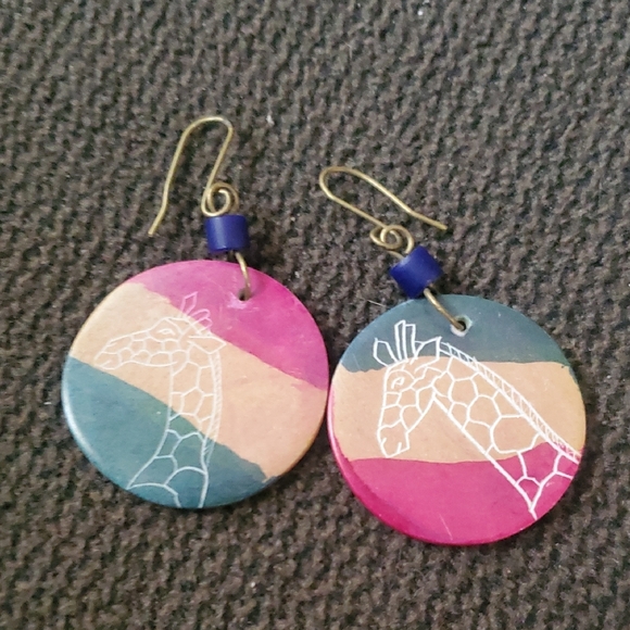 Source Unknown Pink Blue Tan Giraffe Print Round Earrings - Picture 4 of 4